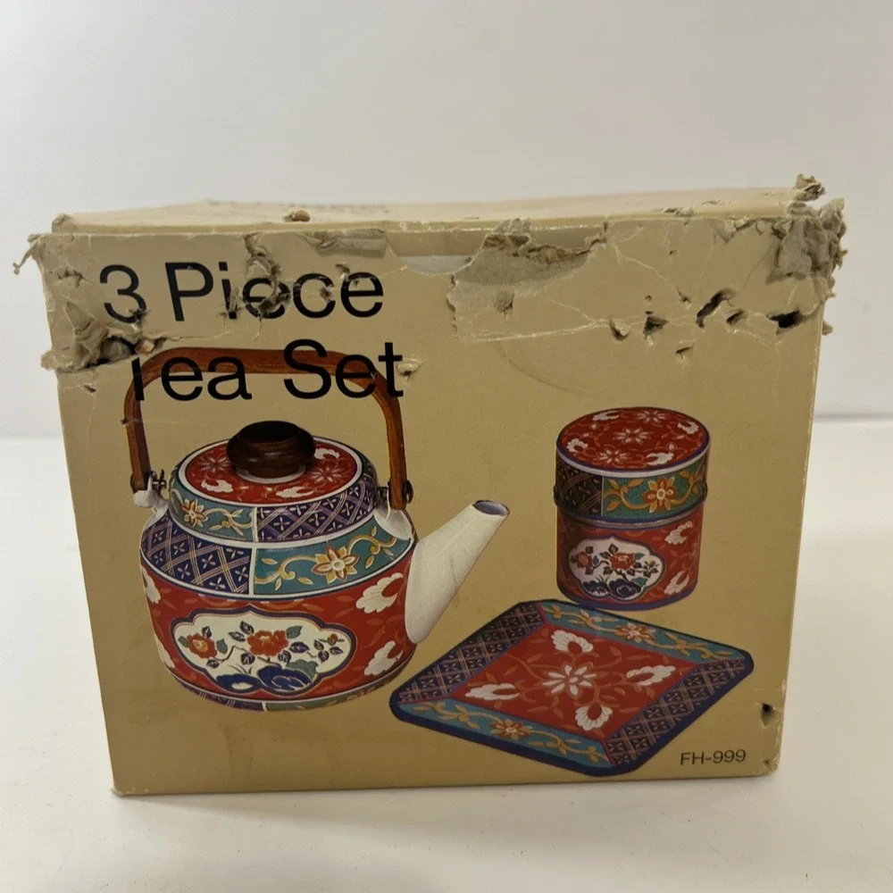 Tea Set 3piece tea set From Japan, Hand Painted,‎ Porcelain Enamel Wood Handle